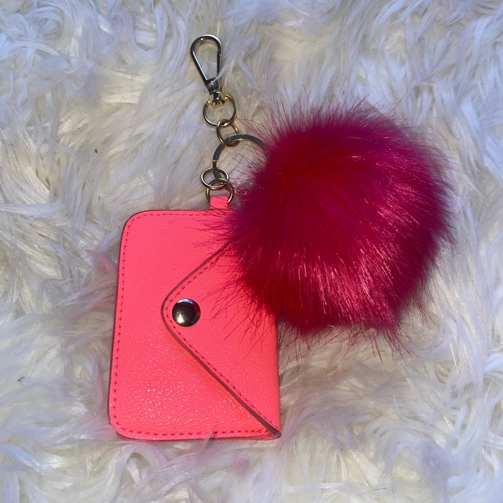 Vibrant Pink Key & Card Holder with Fluffy Pom Pom